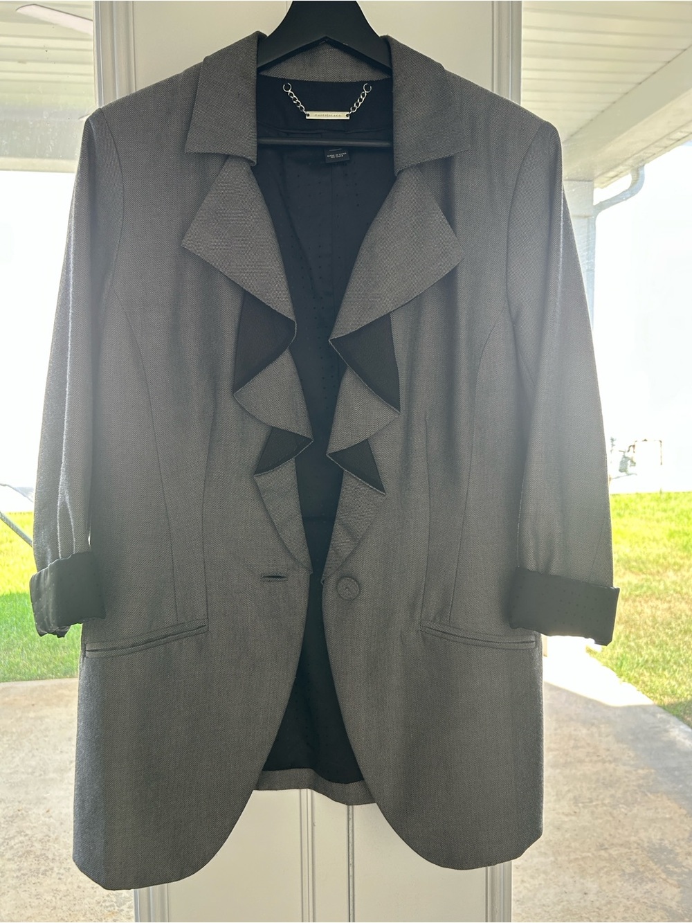 White House Black Market Gray Ruffle Lapel Blazer